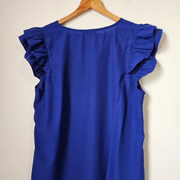 EUC STACCATO ELECTRIC BLUE V NECK FLUTTER SLEEVES SHORT DRESS SZ LARGE - Picture 8 of 15